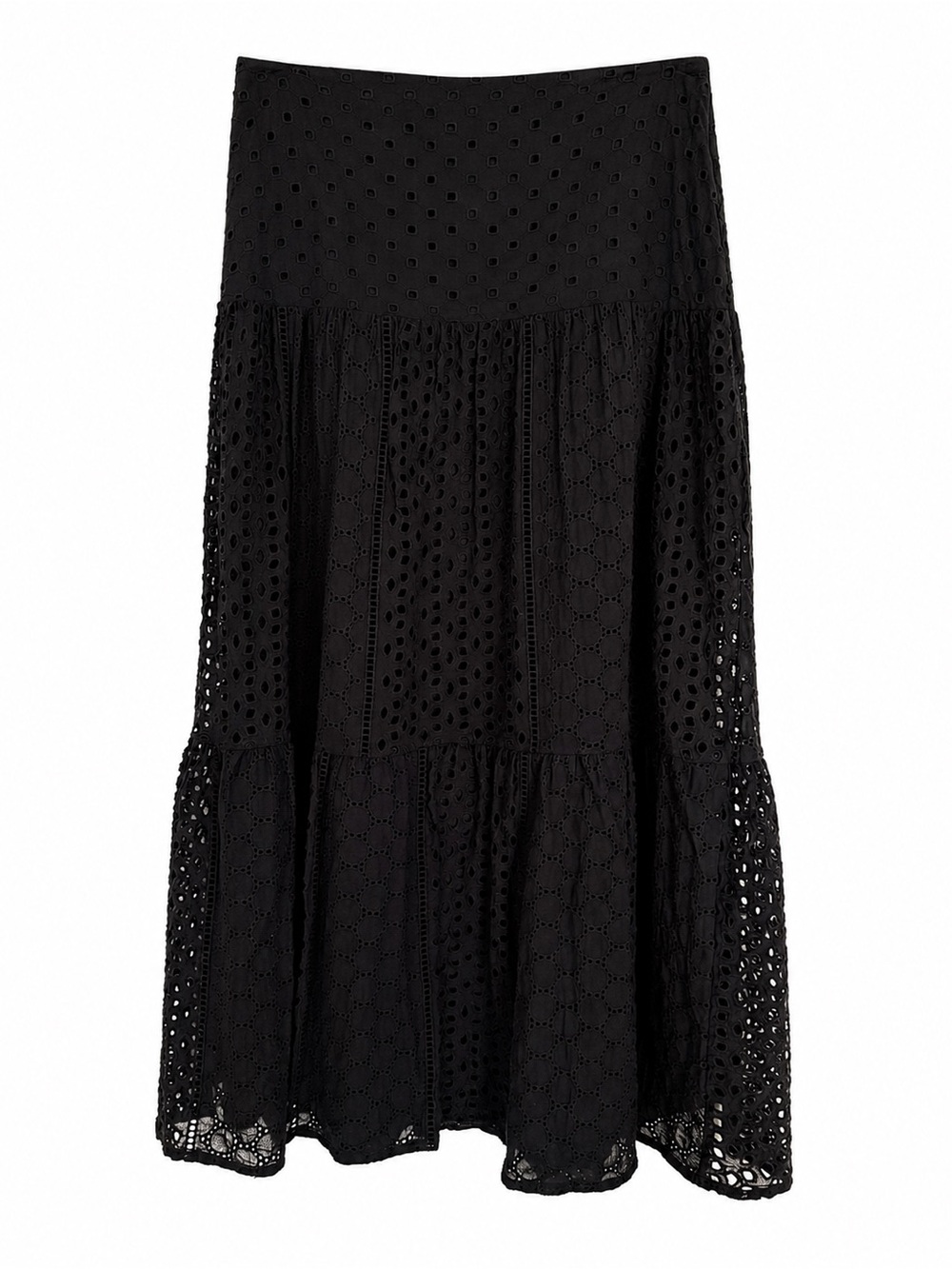 House Of Harlow 1960 Black Eyelet Tiered Midi Skirt. Size Medium